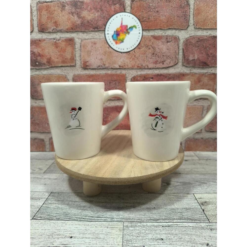 Williams Sonoma Snowmen Set Of 2 Cups Red Scarf Snow Broom Shovel Winter Mug